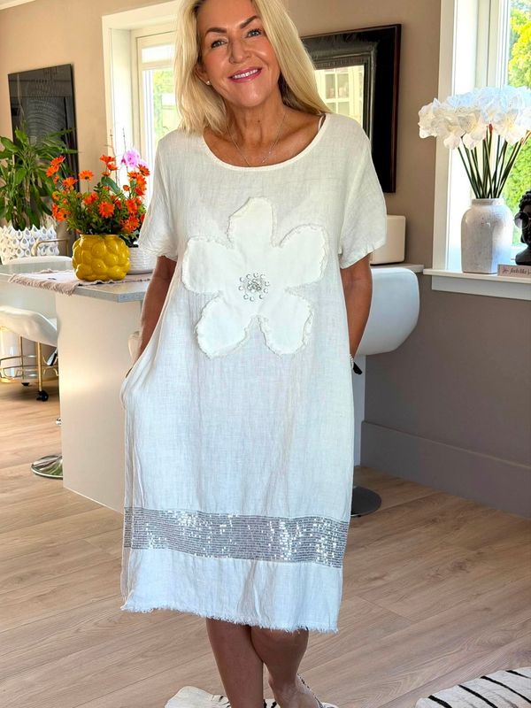 Flower Linen Sequin Dress